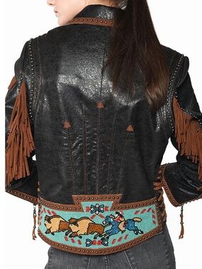 Double D Ranch leather Buffalo Chase Jacket studs beaded buffalo horse cowboy